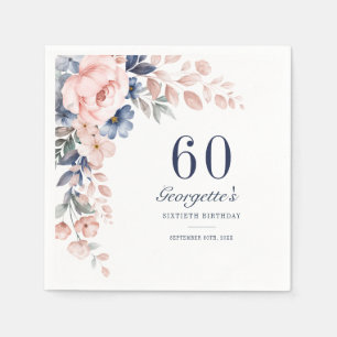 Botanisches Pink Blue Floral Script 60. Geburtstag Serviette