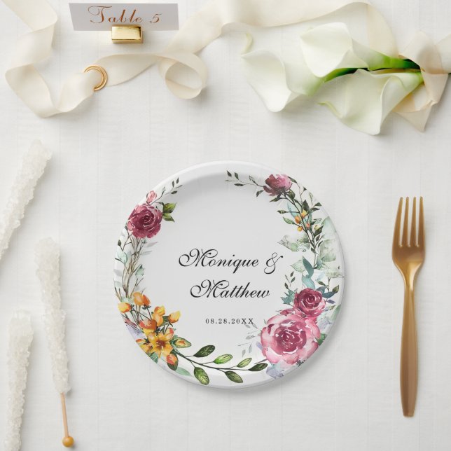 Botanisches Pink und Burgund Blumenhochzeit Pappteller (Hochzeit)