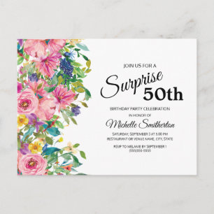 Botanisches Rosa Blau Aquarell Blumen 50. Geburtst Postkarte