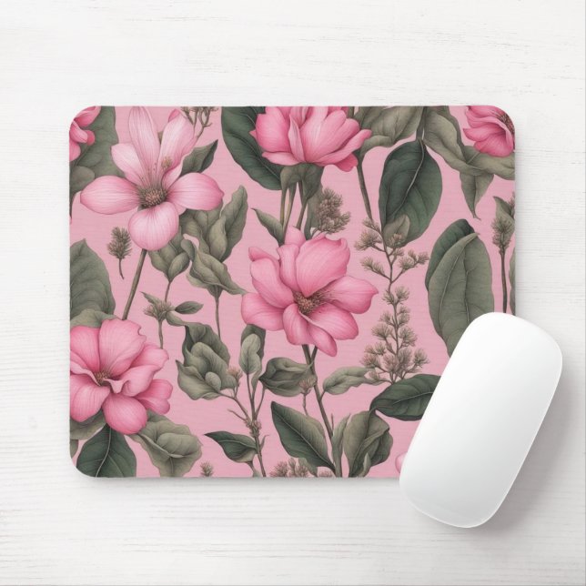 Botanisches rosa Blumenmuster Mousepad (Mit Mouse)