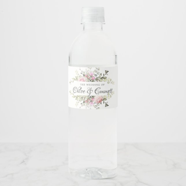 Botanisches rosa Blumenwasser Hochzeitswasserflasc (Vorderseite)