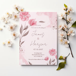 Botanisches rosa braunes Aquarell-Blumen-Hochzeit Einladung
