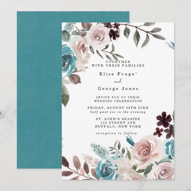 Botanisches Rosa und Aquamarine Hochzeit von Wasse Einladung (Vorne/Hinten)