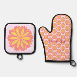 Botanisches Rosa und Gelbe Blume Ofenhandschuh & Topflappen-Set