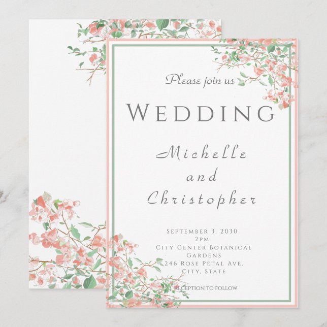 Botanisches Rosa und grünes Boho Hochzeit Einladung (Vorne/Hinten)
