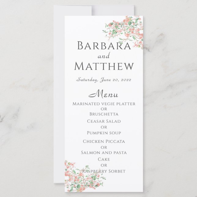 Botanisches Rosa und grünes Boho Wedding Menu Card (Vorderseite)