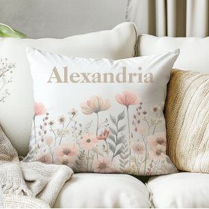 Botanisches Rosa Wasserfarben-Wildblumen Kissen