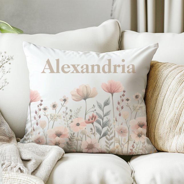 Botanisches Rosa Wasserfarben-Wildblumen Kissen (pretty watercolor wildflower pillow)