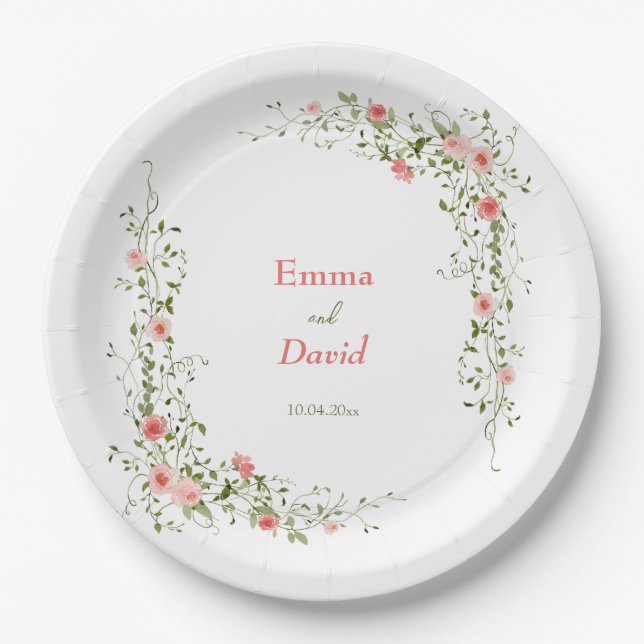 Botanisches Rosengarten Rustikale Hochzeit Pappteller (Vorderseite)