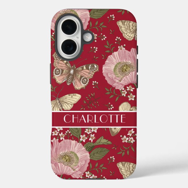 Botanisches Rotes Monogramm der modernen Wildblume iPhone 16 Hülle (Rückseite)