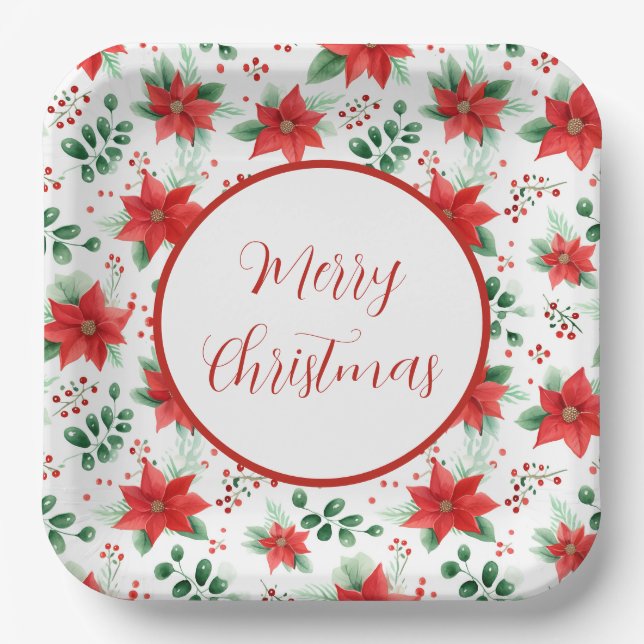 Botanisches rotes Poinsettias Wasserfarbenmuster Pappteller (Vorderseite)