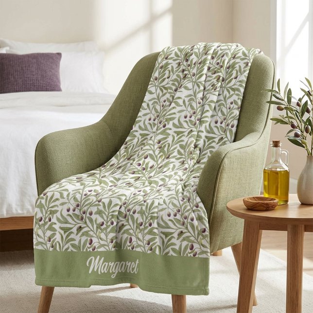 Botanisches Salbeigrünes Olivenblattmuster Fleecedecke (Botanical Sage Green Olive Leaf Pattern Fleece Blanket)