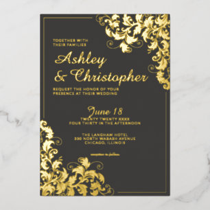 Botanisches Schiefergrauen-Ecke Foto Hochzeit Gold Folieneinladung