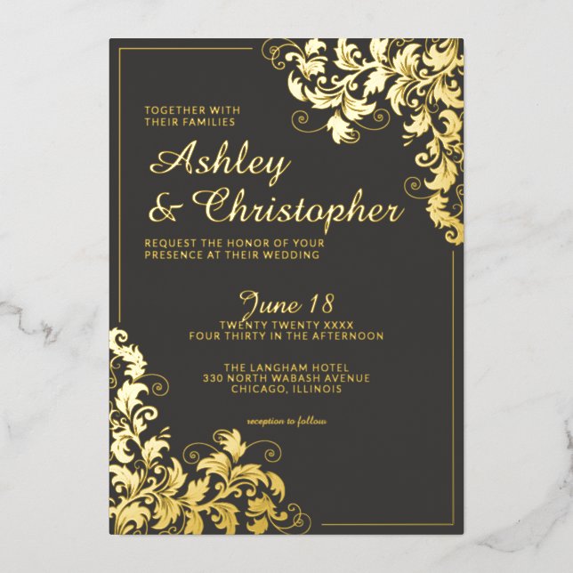 Botanisches Schiefergrauen-Ecke Foto Hochzeit Gold Folieneinladung (Vorderseite)