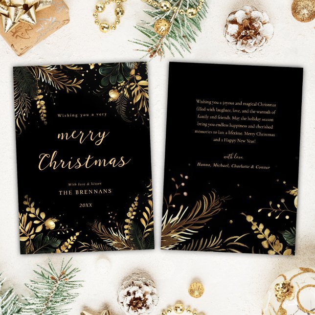 Botanisches Schwarzes Gold Moderne Elegante Feiertagskarte (Christmas Botanical Black Gold Modern Elegant Holiday Card)