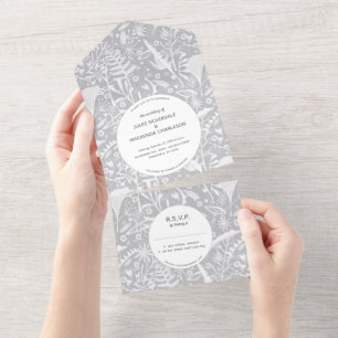 Botanisches Silber-Grau-Muster Hochzeit All In One Einladung