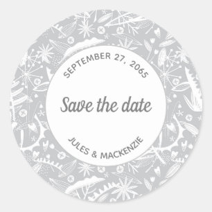Botanisches Silbergraumuster Save the Date Runder Aufkleber