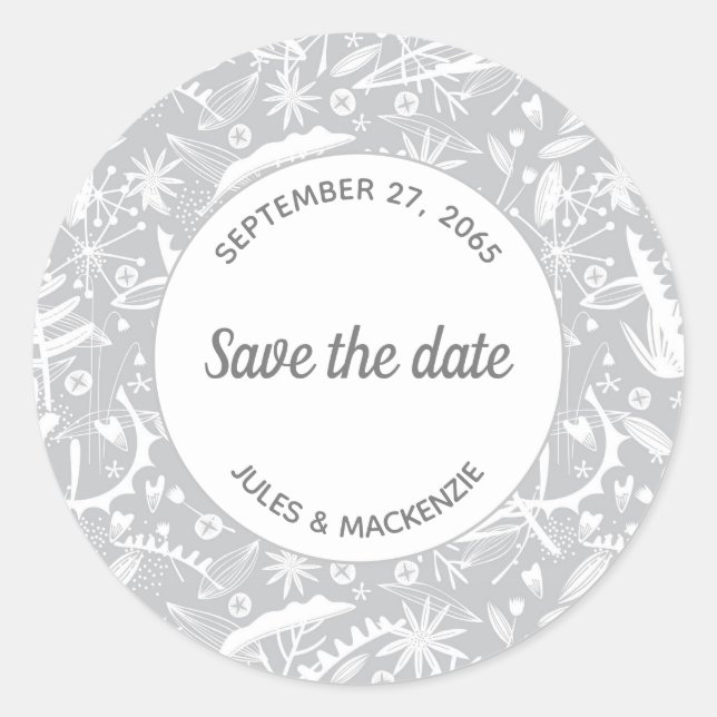 Botanisches Silbergraumuster Save the Date Runder Aufkleber (Vorderseite)