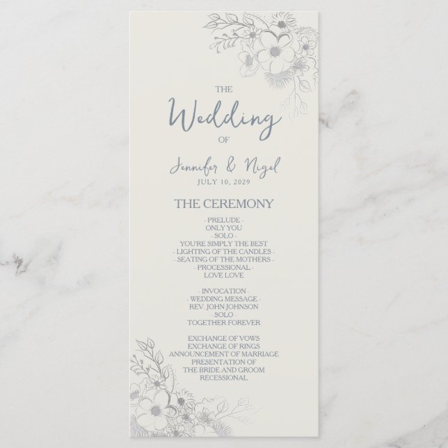 Botanisches Staubblau-Hochzeitsprogramm Programm (Vorderseite)