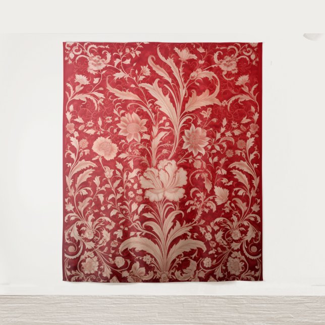 Botanisches Tapisserie - Goldene Blüte auf Rot Wandteppich (Vorderseite)