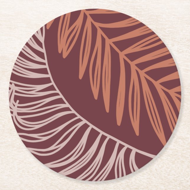 Botanisches Terracotta Palm Blätter rund um den Un Runder Pappuntersetzer (Vorderseite)