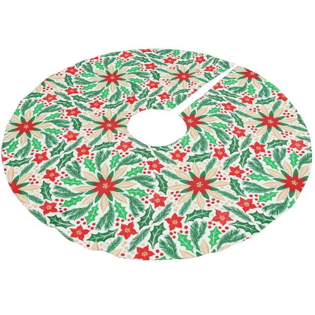 Botanisches Urlaubsmuster Holly und Poinsettia Polyester Weihnachtsbaumdecke (Schrägansicht)