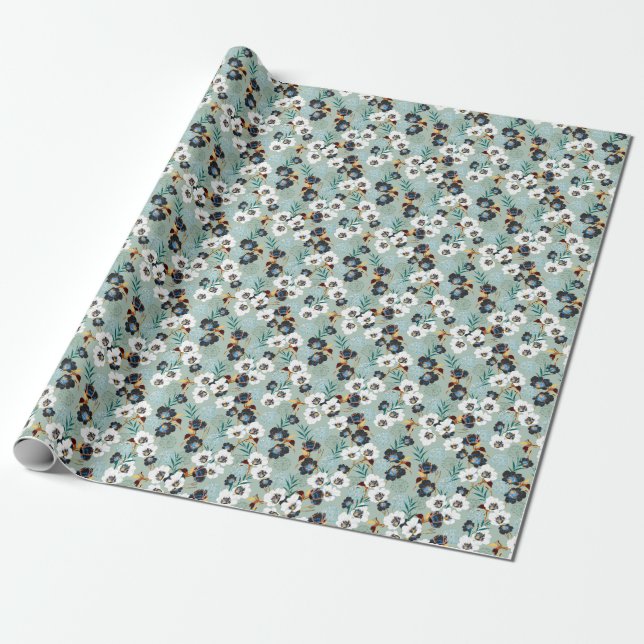 Botanisches Vintages Blumenmuster Geschenkpapier (Ungerollt)