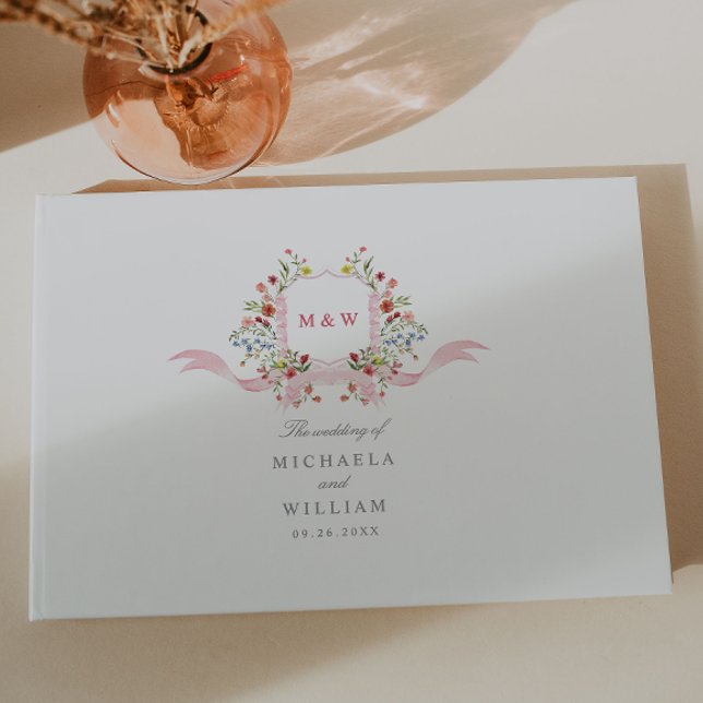 Botanisches Wappen Hochzeit in Rosa Wasserfarbe Gästebuch (Von Creator hochgeladen)