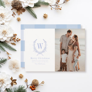 Botanisches Wappen Monogram Blue Christmas Foto Feiertagskarte