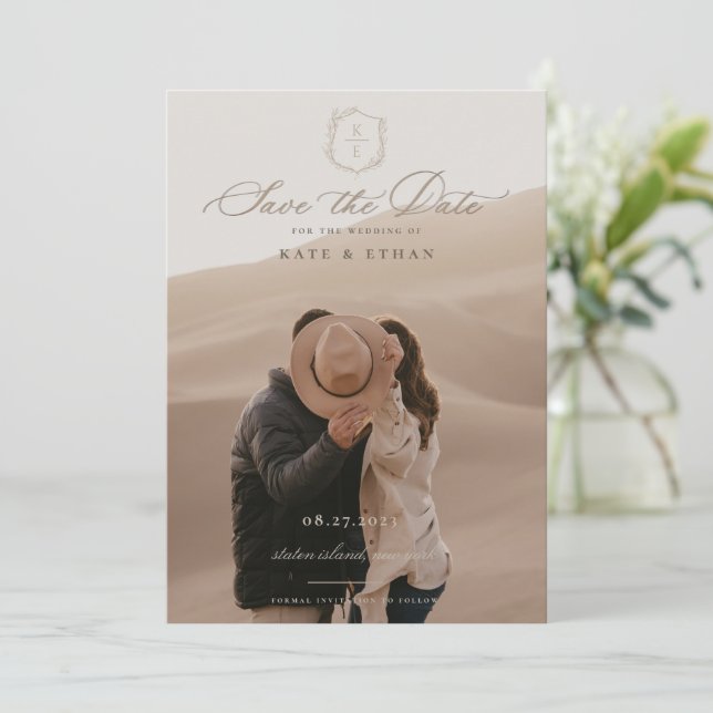 Botanisches Wappen Monogram Wedding Foto Save The Date (Stehend Vorderseite)