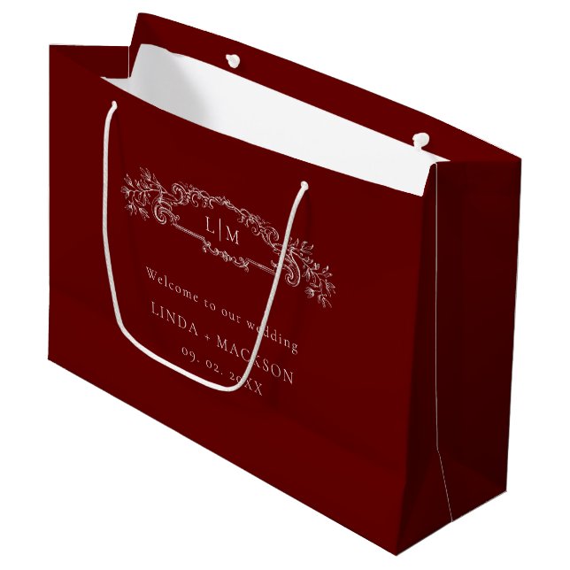 Botanisches Wappen-Monogramm-Hochzeit in Burgund Große Geschenktüte (Vorderseite Schrägansicht)