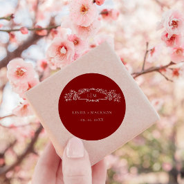 Botanisches Wappen-Monogramm-Hochzeit in Burgund Runder Aufkleber