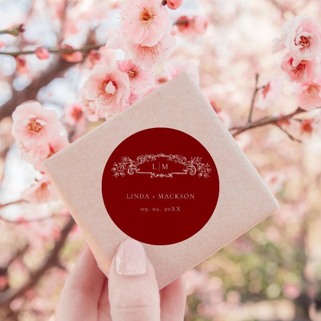 Botanisches Wappen-Monogramm-Hochzeit in Burgund Runder Aufkleber (Von Creator hochgeladen)