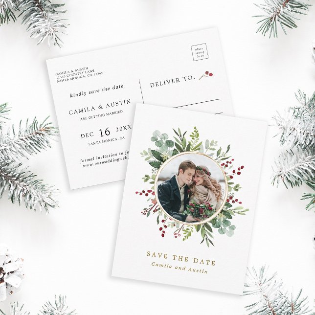 Botanisches Weihnachtsgold-Foto Save the Date Postkarte (Front & Back)