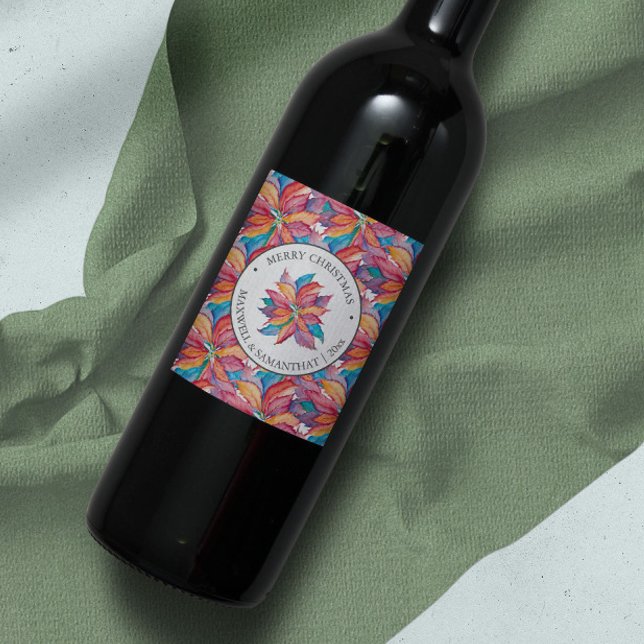 Botanisches Weihnachtsweinlabel Weinetikett (Christmas wine label unique unique botanical watercolor poinsettia)