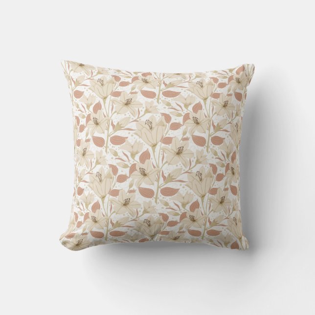 Botanisches Weißbeige Lilblütenmuster Kissen (Vorderseite)