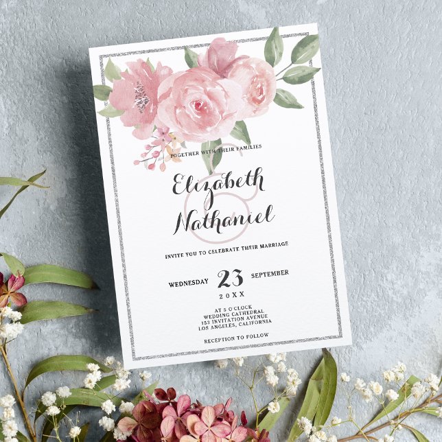Botanisches weißes rosa grünes Blumenthema Hochzei Einladung (Botanical white pink green floral theme Wedding )