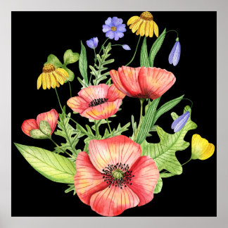 Botanisches Wildblumenstrauß-Wasserfarbenkunstwerk Poster