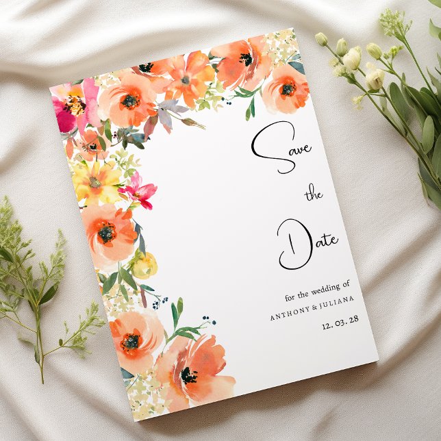 Botanorange-Gelbblütenblüte Save the Date Einladung (Botanic orange yellow summer floral Save the Date )