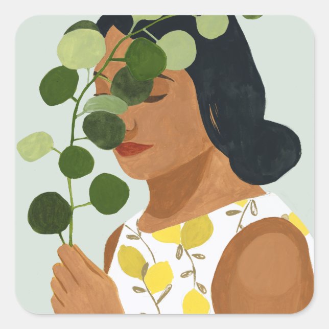 Botany Portrait - Frau mit Grün Quadratischer Aufkleber (Vorderseite)