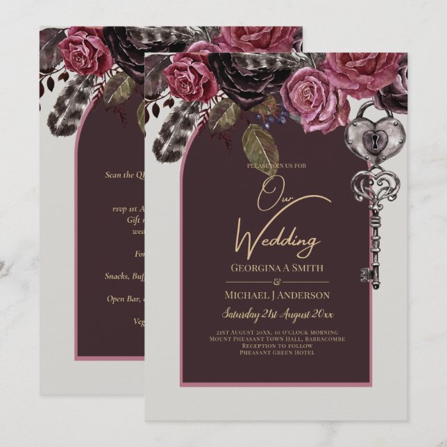 BOTHIC ROSE Burgund Hochzeit im Herbst Einladung (Vorne/Hinten)