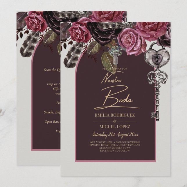 BOTHIC ROSE Burgund Hochzeit im Herbst Einladung (Vorne/Hinten)