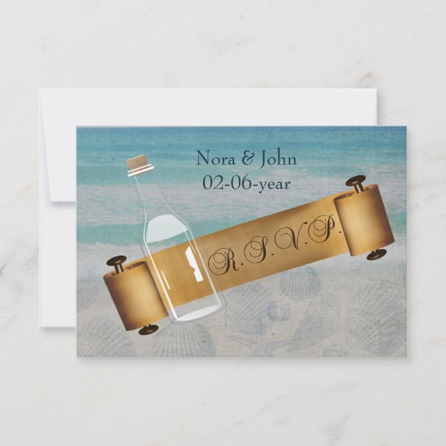 Botschaft bei einer Hochzeit am Flaschenstrand RSVP Karte (Vorderseite)