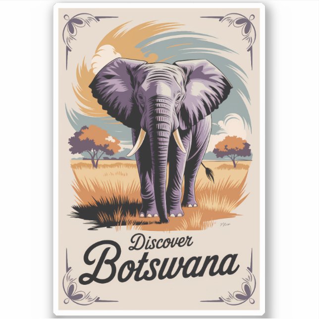 Botswana Elephant Illustration Travel Art Vintag Aufkleber (Vorderseite)