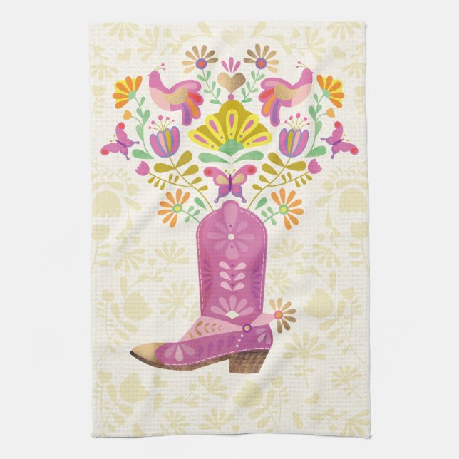 Botte de cowboy à fleurs rétro, serviette de cuisi (Vertical)