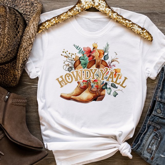 Bottes de Cowboy Floral Ouest Howdy Y'all T-Shirt (Créateur téléchargé)