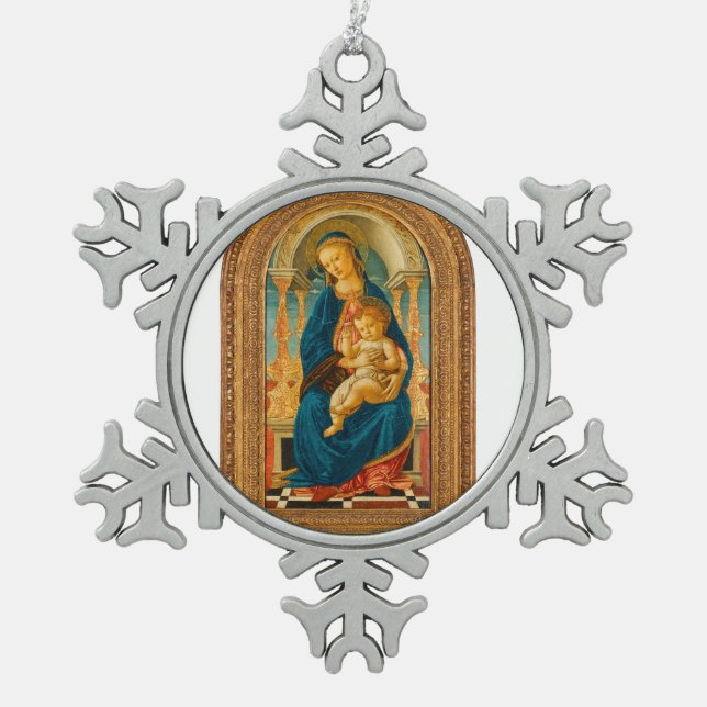 Botticelli (1445-1510) Madonna & Child Enthroned Schneeflocken Zinn-Ornament (Vorderseite)