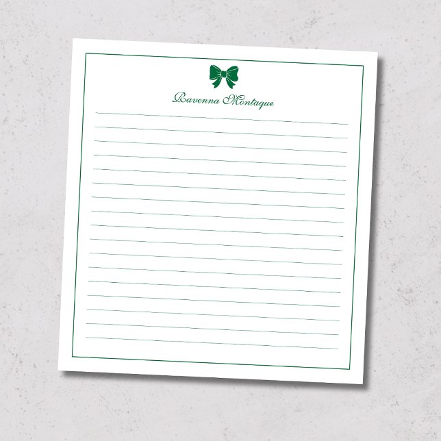 Bottle Green Bow Border Custom Name Lined Notizblock (Von Creator hochgeladen)