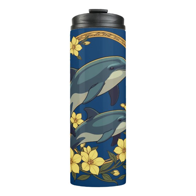 Bottlenose Delphine mit Gelbjasminen-Blume Thermosbecher (Vorderseite)