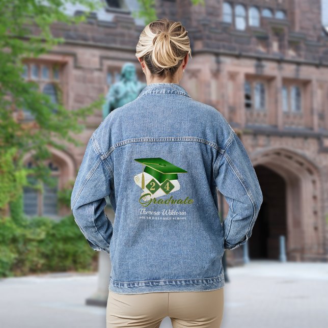 Bouchon de graduation personnalisé Vert or (Personalized Graduation Cap Green and Gold Denim Jacket)